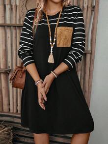 EMERY ROSE Đầm thường ngày tay dài cổ tròn kẻ sọc cỡ lớn cho nữ - màu đen - Xem 4