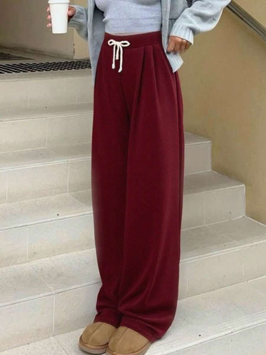 少女秋季抽绳阔腿直筒休闲裤 - 酒紅色 - 查看 1