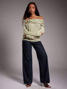 NYA SZN Top Long Sleeve Fold Over Metal Detail Loose Oversized Knit Knitwear Sweater Everyday Casual Modest Office Teacher Back To School Old Money Church Fall Winter Suitable For Commuting Thanksgiving Christmas NYE New Years Eve Outfits For Women