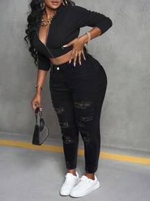 SHEIN EZwear 大码性感紧身弹力破洞蕾丝拼布牛仔裤 - 黑色 - 查看 4