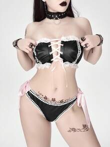 ROMWE Goth 女式哥特式系带紧身胸衣上衣和蝴蝶结性感 PU 皮革服装 - 黑色 - 查看 8