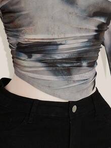 SHEIN ICON Women's Plus Size Sexy Autumn And Winter Millennial Style Y2K Bohemian Style Gradient Pattern Print Off-Shoulder False Two-Piece Curved Hem Waist Pleated Flared Sleeves Long-Sleeved Blue-Gray Slim T-Shirt