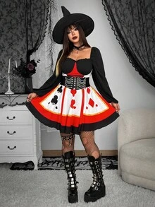 Whyspr Fall Autumn And Winter Grunge Punk Classic Playing Card Print Elegant Fitted Long Sleeve Dress - Black - View 7