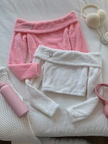 Comfortcana Women's Casual Fluffy Off Shoulder Long Sleeve T-Shirt, Autumn/Winter