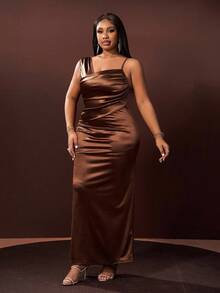 Slaydiva Vestido maxi de mujer de talla grande con cuello asimétrico con volantes, unicolor, elegante y apropiado para fiesta, cita, noche, graduación, cumpleaños, boda y eventos formales, vestido brillante, vestidos elegantes para mujer, vestido de Año Nuevo, vestido marrón