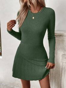 EMERY ROSE Women's Casual Everyday Commute Solid Color Waist Cinched Sweater Dress, Without Belt, Autumn/Winter - Army Green - View 3