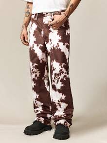 ROMWE MEN Street Life Men Retro Casual Cow Print Pants, Fall - Brown - View 1