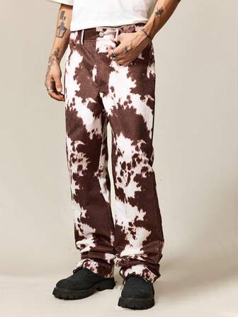 Street Life Pantalones casuales de estilo retro con estampado de vaca para hombres, otoño