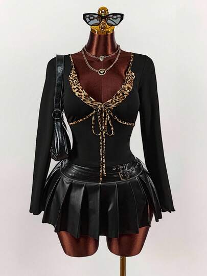 Amplova Blusa sexy de manga larga con Body ceñido, estampado de leopardo, contraste de corazón y tirantes con lazo para mujeres