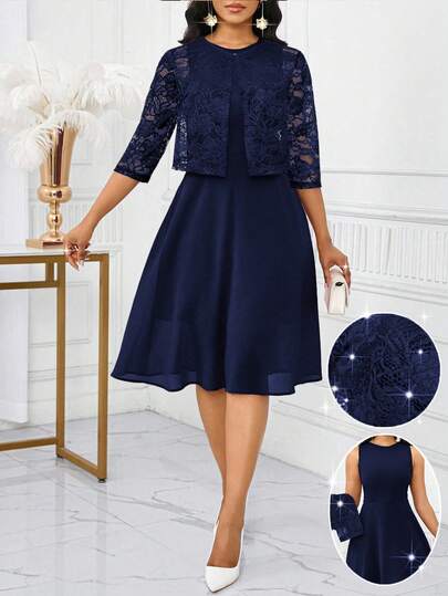 SHEIN Lady 女士优雅纯色蕾丝无袖上衣和连衣裙两件套，夏季生日和活动礼服/办公室礼服/教堂礼服/婚礼礼服/节日礼服/