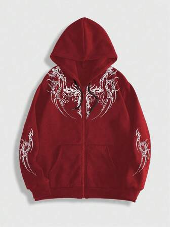 Goth Sudadera con capucha de felpa con estampado gráfico de moda casual para hombre, con cremallera y cordón, para otoño/invierno