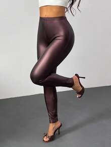 SHEIN PETITE Ladies PU Leather High Elastic Leggings Trousers