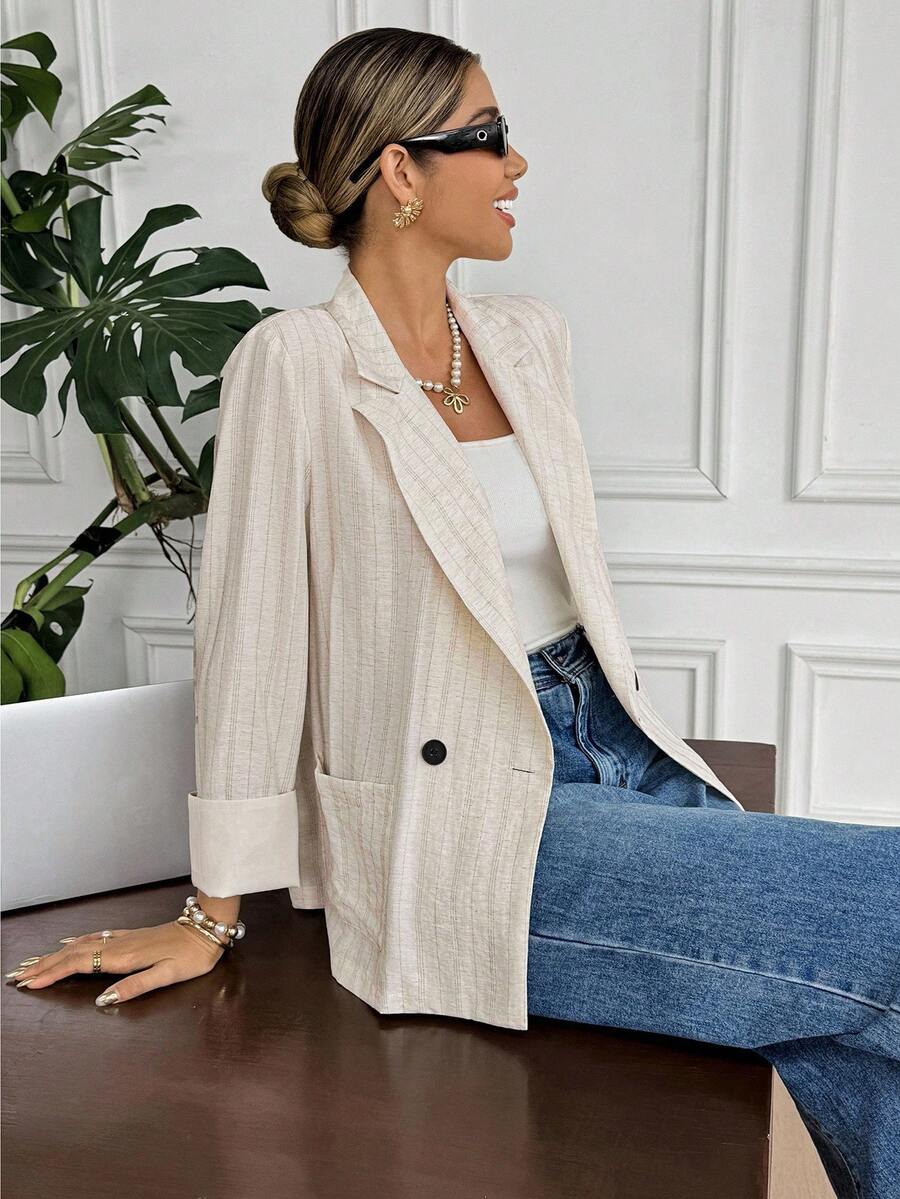 SHEIN Frenchy 女式休闲条纹西装外套，秋季 - 黑與白 - 查看 1