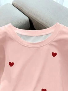 Resyla Heart Print Women's Crew Neck Long Sleeve T-Shirt - Pink - View 6