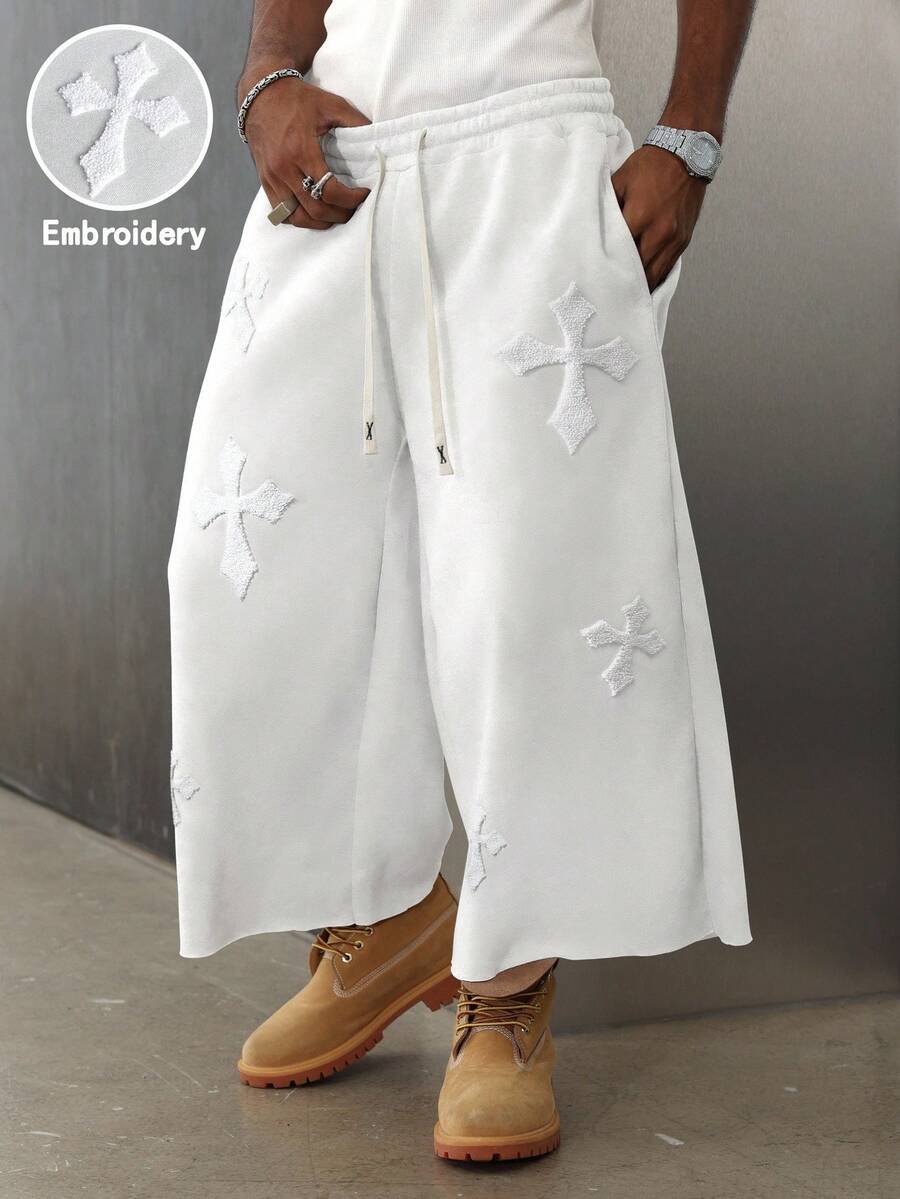 Manfinity Roghcode Men's Street-Style Popular INS Matching Cross Embroidered Towel, Outdoor Music Festival, Nightclub Bar, Boyfriend/Husband Gift, Anniversary Gift, Cropped White Sweatpants