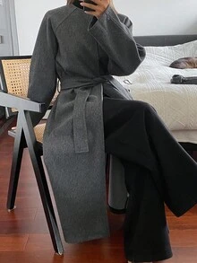 DAZY 女士秋季圆领系腰插肩袖针织毛衣女外套 - 灰色 - 查看 6