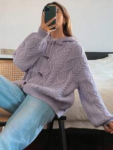Livesso Cardigan Kasual Wanita Berkerudung dengan Kancing Tanduk, Musim Gugur - Purple - View 7