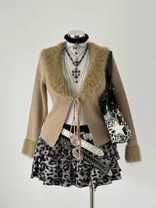 Sunspun Plus Size Cardigan Fashionable Sweater Slimming Tie-Up Fuzzy Collar - Khaki - View 1