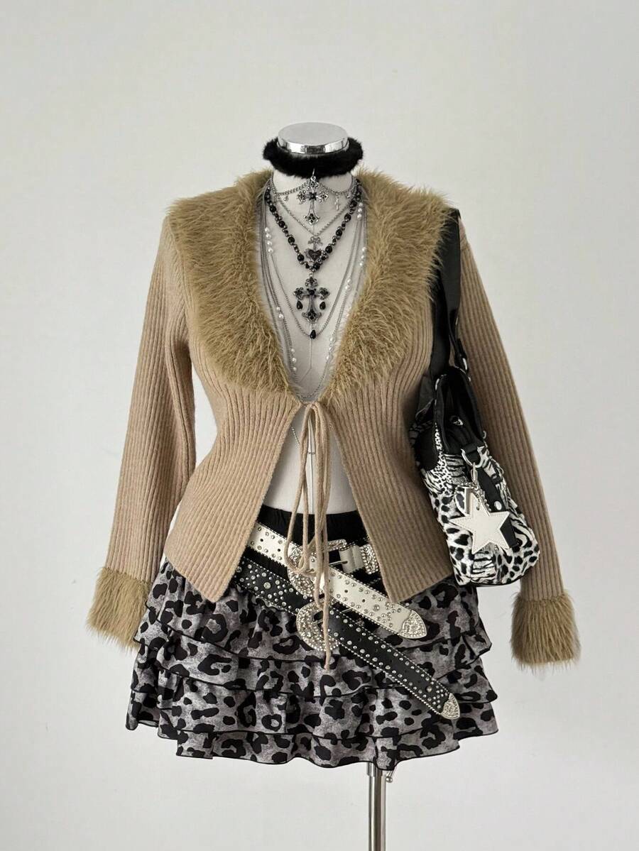 Sunspun Plus Size Cardigan Fashionable Sweater Slimming Tie-Up Fuzzy Collar - Khaki - View 1