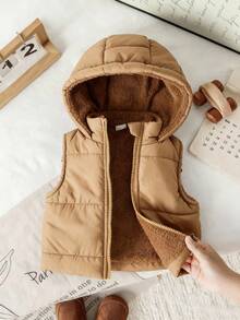 Baby Boy Casual Simple Hooded Padded Vest, Fashionable And Suitable For Daily Winter Wear, Outing And Playing, Baby Winter Clothing, 3 Months To 3 Years Old, Baby Brand Clothing Baby Boy Korean Style Jackets Baby Clothes For Winter Toddler Vest Cozy Winter Cloths For Toddler Winter Baby Clothes