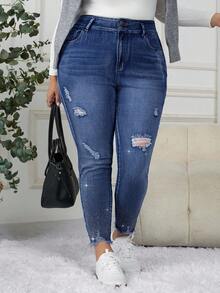 EMERY ROSE Plus Size Blue Frayed Hem Fashionable Slim Fit Casual Jeans - Medium Wash - View 6