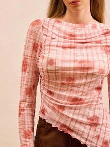 lacRébo Autumn Pink Checked Mesh Fitted Top With Floral Print, Side Ruching, And Asymmetric Hem Spring Women Clothes Spring Summer Office Top Going Out Top - Multicolor - View 2
