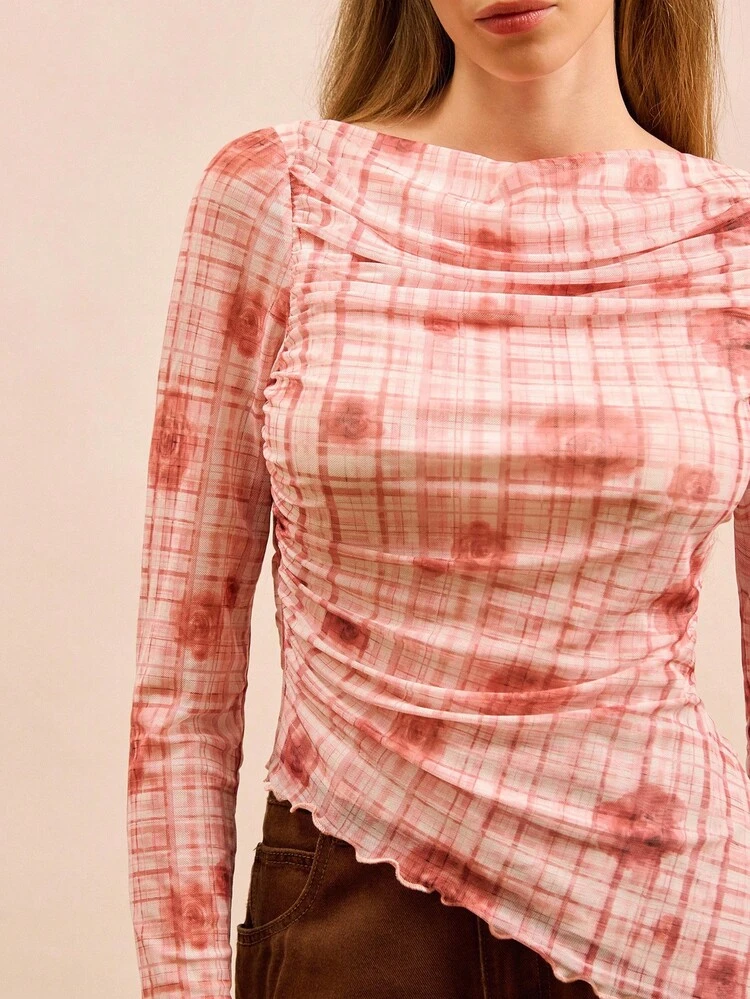 Autumn Pink Checked Mesh Fitted Top With Floral Print, Side Ruching, And Asymmetric Hem Spring Women Clothes Spring Summer Office Top Going Out Top