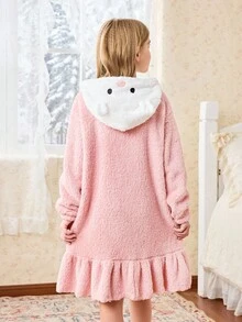 SHEIN 女童可爱兔耳连帽毛绒长睡袍，秋冬 - 粉色 - 查看 2
