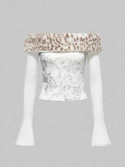 J-Fashion تي شيرت نسائي مطبوع عليه فرو بتصميم مرقع من Y2K، خريف/شتاء