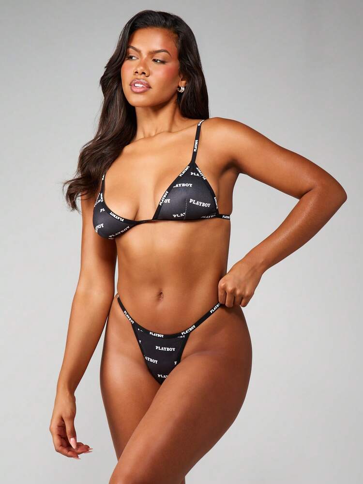 Missguided x Playboy ロゴプリントのトライアングルブラレットとTバック