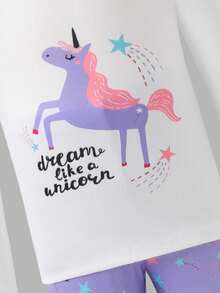 Set de 3 piezas de pijama de niña con camiseta de manga larga y pantalones con estampado de unicornio de dibujos animados