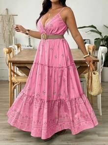 Vionelle 大码女式太阳裙，蓝色底色花卉印花 V 领无袖长款休闲度假连衣裙 - 彩色 - 查看 4