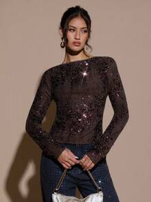 SHEIN BAE Women's Fashionable Sexy Sequin Backless Long Sleeve T-Shirt