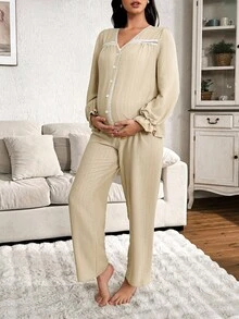 Moonlight&Mama Women's Casual Lace Trim V-Neck Top & Pants Maternity Pajama Set, Winter - Apricot - View 4