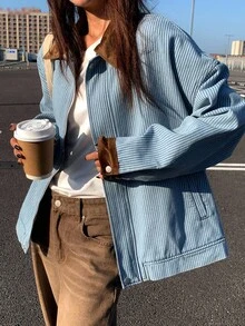 DAZY 女式休闲翻领条纹拼接牛仔夹克，秋季 - 藍色 - 查看 7