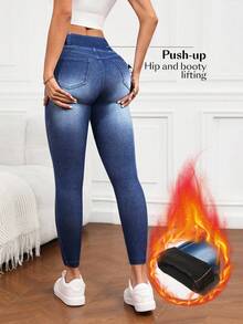 Flexra Calça jeans feminina casual slim fit com forro térmico, outono/inverno - Azul - Ver 6