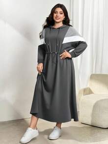 Modelyn Plus Size Color Block Hooded Waist Cinched Dress, Autumn/Winter - Grey - View 4