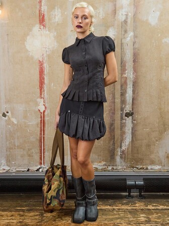 COUREZ 褶皱泡泡袖黑色衬衫 / Y2K 秋冬女装休闲外出上衣性感派对上衣优雅女式衬衫万圣节