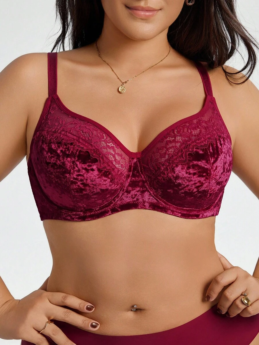 SHEIN Sujetador con aros y encaje de talla grande para Navidad - Burdeos - Ver 1