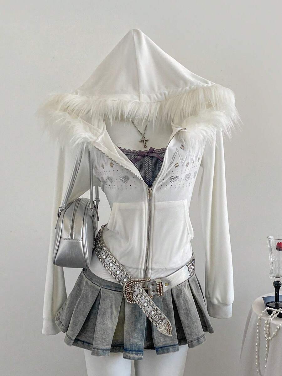 Sweetra Women's Contrast Fuzzy Trim Rhinestone Embellished Hooded Long Sleeve Sweatshirt, Christmas, Zip Up Sweatshirt, White Top, Autumn, Winter - White - View 1