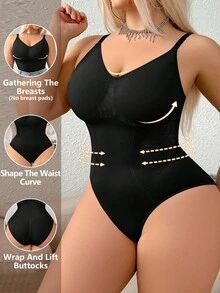 SHEIN 1 件女士加大码无缝塑身衣一体式紧身衣，腰腹部瘦身，按扣裆部，可外穿 - 黑色 - 查看 3