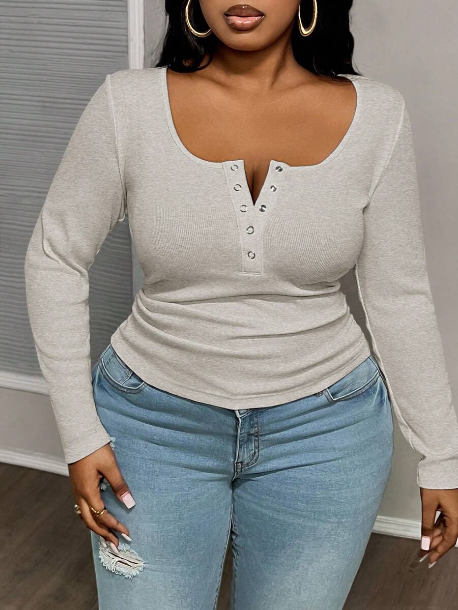 Slaydiva Plus Size Casual All-Match White Slim Fit With Deep U-Neck Long Sleeve T Shirt-C