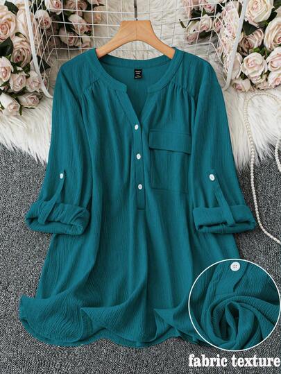 Rometta Camisa de tela texturizada con cuello en V y mangas raglán para tallas grandes