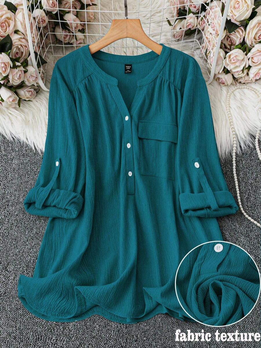 SHEIN Clasi 大码纯色 V 领插肩袖纹理面料衬衫 - 藍色 - 查看 1