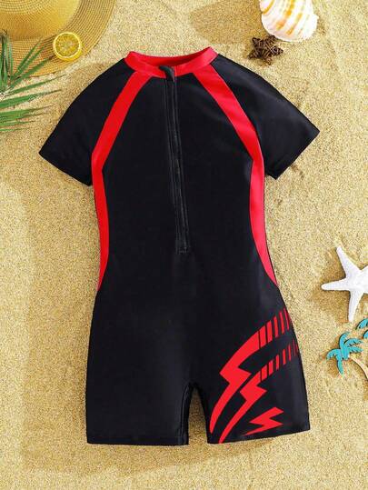 SHEIN 青少年男孩休闲运动图案连体泳衣，适合海滩、游泳、冲浪