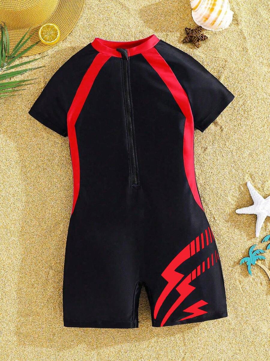 SHEIN Tween Boy Casual Sports Pattern One-Piece Swimsuit, For Beach, Swimming, Surfing