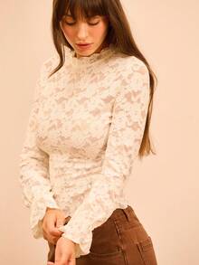 lacRébo Cream Romantic Vintage Lace Long Sleeve High Neck Top With Scallop Edge Detail Fall Women Clothes Autumn Outfits Fall Women Clothes Autumn Winter Lace Top Going Out Top
