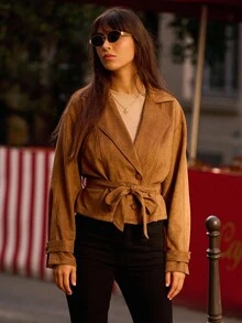 lacRébo Spring Summer Faux Suedette Camel Oversized Belted Jacket Fall Women Spring Summer Premium Jacket Business Casual Going Out - Brown - View 1