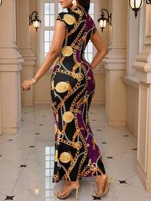 SHEIN Lady 2025 New Women's Elegant Chained Floral Print Lettuce Trim Cap Sleeve Fishtail Hem Dress