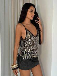 SHEIN Tall Áo hai dây cổ chữ V đính sequin gợi cảm thời trang dành cho nữ mùa Giáng sinh - màu đen - Xem 6